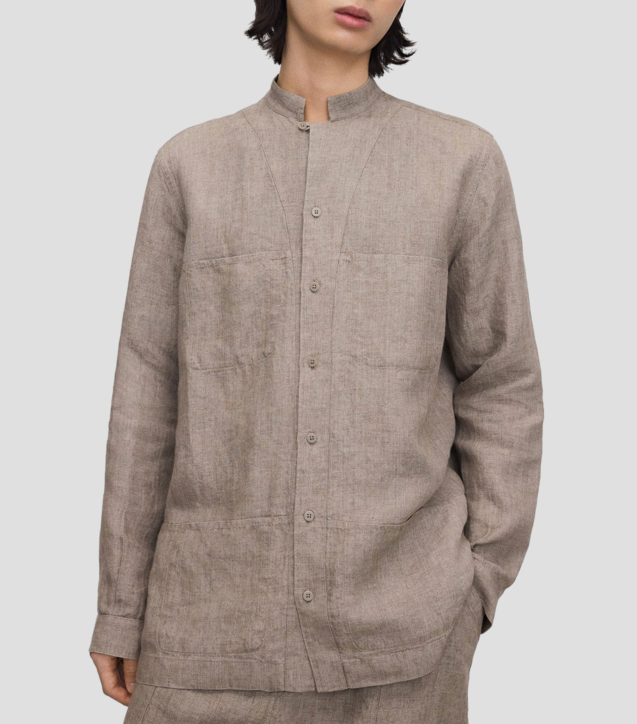Camisa jaspeada de lino manga larga Hombre